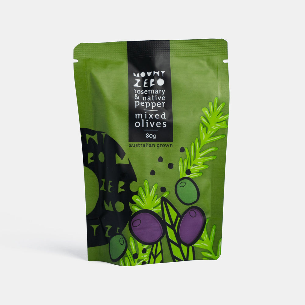 Small Batch Providore - Mount Zero - Rosemary & Native Pepper Mixed Olives - front view