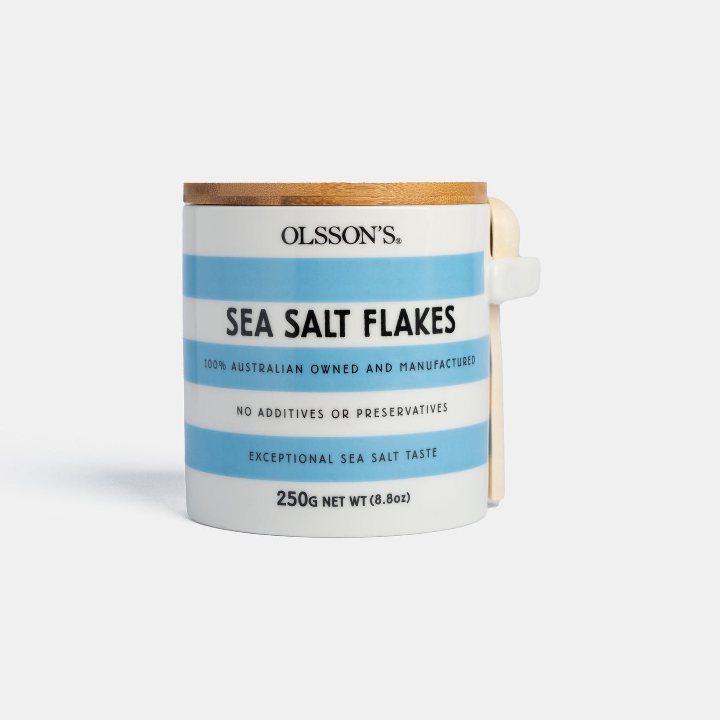 Small Batch Providore - Olsson's Salt - Sea Salt Flakes & Stoneware Jar - front view